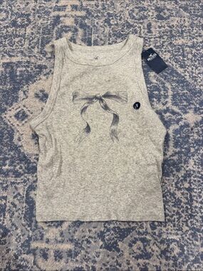 Hollister Gray Ribbed Tank Top with Bow Graphic